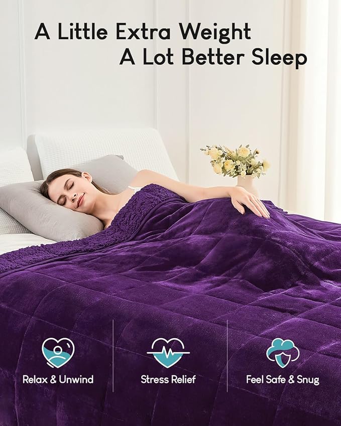 Cottonblue Weighted Blanket 15 lbs Queen Size, Flannel Shaggy Sherpa Weighted Blanket for Adults Comfortable Weighted Blankets for Calming and Relax, Bed Sofa Heavy Blankets, 60x80 inches, Purple