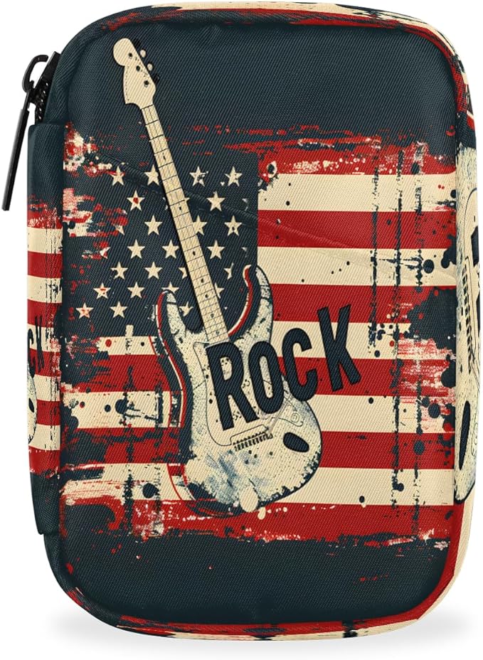American Flag Music Guitar Travel Pill Organizer Box Weekly Portable Pill Case Daily Pills 7 Day Small Birth Control Pills Container Removable Compartments for Medicine Vitamins Fish Oil