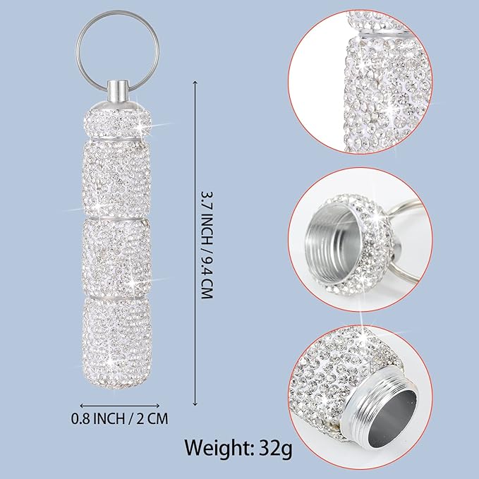 Bling Pill Case Portable Travel Pill Container Bottle Rhinestone Waterproof Small Pill Holder with Keychain Cute Mini Pill Storage Box for Outdoor Camping Case (White)