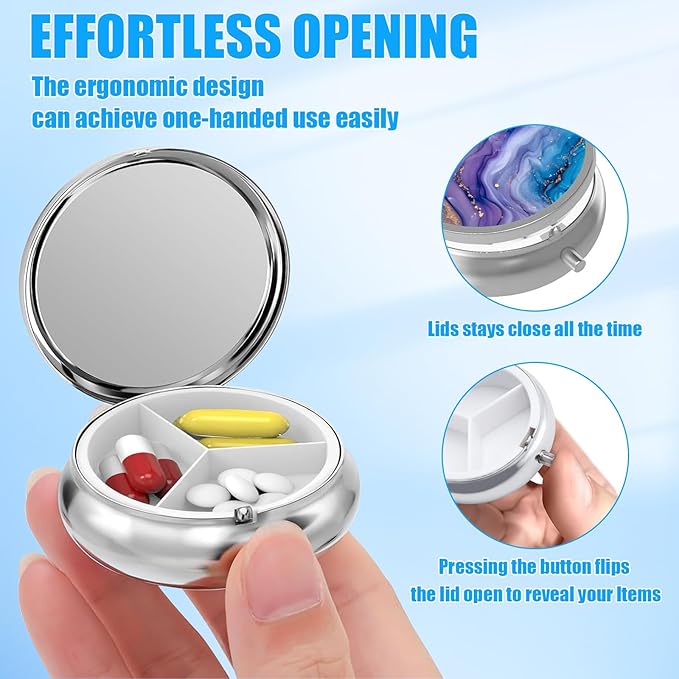Pill Box, 3 Compartments Small Pill Case Travel Portable Metal Medicine Box with Mirror Mini Container for Purse Pocket Women Men(Purple Blue Marble)