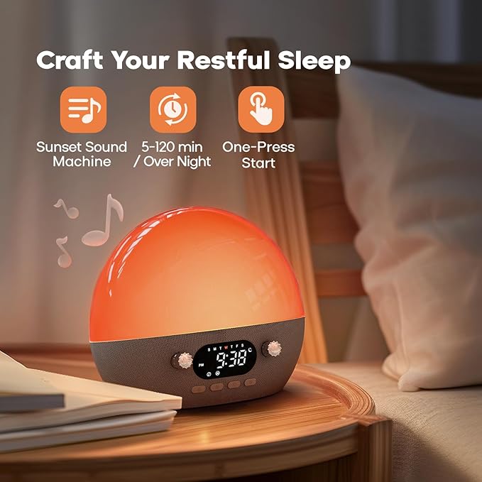Dekala RestOnn Sunset Sound Machine Sunrise Alarm Clock White Noise Natural Sounds Amber Night Light, 7-day Programmable Dual Alarm Clock, Bluetooth Speaker, 3000mAh Battery Backup, App Control, Black