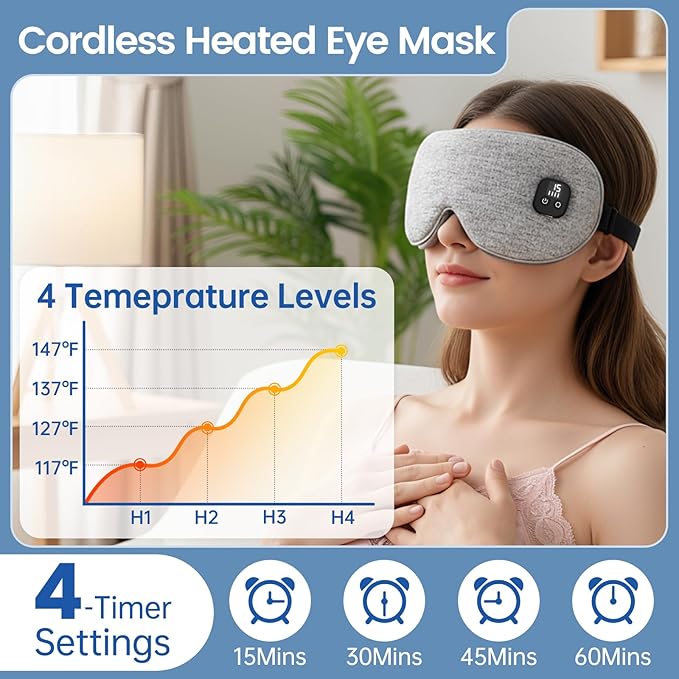Heated Eye Mask for Dry Eyes, Cordless Warm Eye Compress with 4 Heat & time Levels, Eye Heating pad for Blepharitis, Styes, Travel, Improved Sleep, Gift (White)