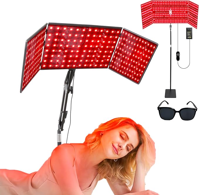 Foldable Red Light Lamp with Protective Glasses,480 LEDs 660nm Red & 850nm Near Infrared Lamp with Adjustable Stand,6 Time Settings,5 Brightness,3 Light Modes