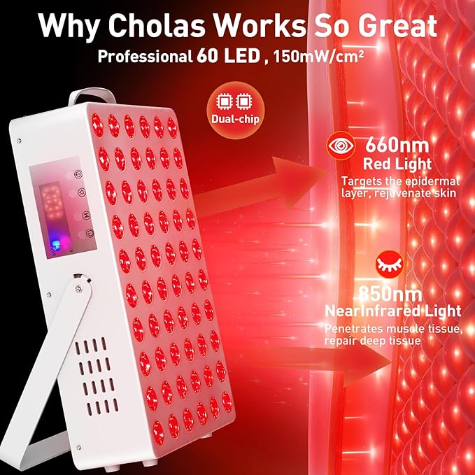 Cholas Red Light Therapy Panel for Face and Body, 150W with 60 Dual Chip LEDs, 660nm Red Light and 850nm Near Infrared, 3 Modes Adjustable Brightness and Timer, Gifts for Men Women