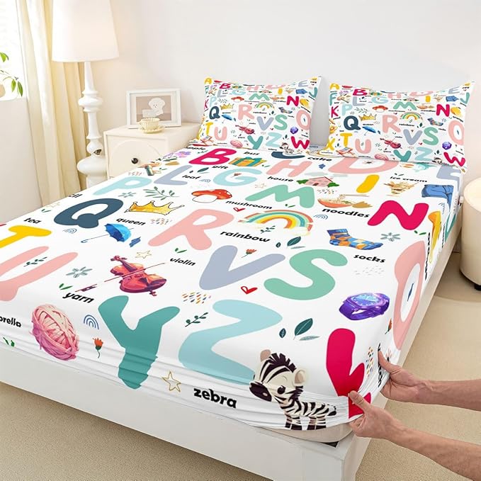 Cartoon Alphabet Bed Sheet Set Queen, ABC Alphabet Fitted Sheet for Kids Cute Educational Alphabet Bedding Set Learning Educational Bed Cover with 2 Pillow Case (No Flat Sheet)