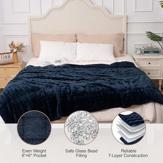 Cottonblue Weighted Blanket 15lbs Bubble Fleece Plush Sherpa Heavy Weighted Blankets for Adults, Fits Twin/Full Size Bed, Cute Fuzzy Warm Heavy Blanket for Calm and Better Sleep, 48"x72", Navy Blue