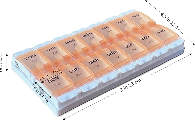 Healthaccessories Spanish Pill Box 7 Day Twice-a Day AM PM Weekly Pill Planner Organizer - Large Compartment Pill Boxes Store medications for Entire Week. Easy See Through. (Orange). para un semana.
