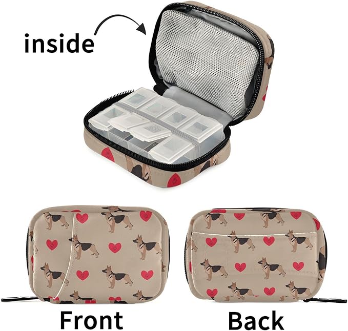 Pill Box German Shepherd Dog Heart 7 Day Pill Case Travel Pill Organizer Bag with Zipper Portable Weekly Vitamin Medicine Supplement Holder Pouch Bag