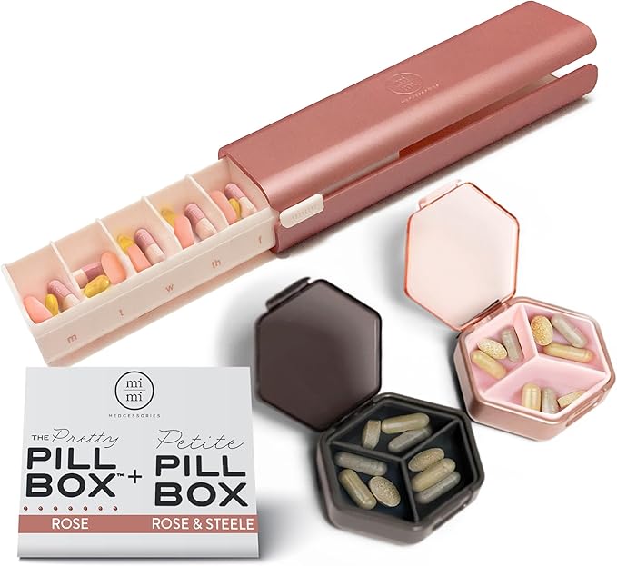 Pill Organization Set - Stylish Daily & Weekly Pill Management for Modern Living with Petite Pillbox & 7 Day Pretty Pillbox – A Weekly Pill Organizer in Rose & Rose Steele