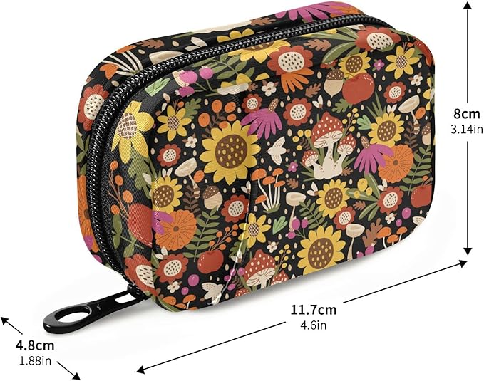 Pill Box Sunflower Mushroom 7 Day Pill Case Travel Pill Organizer Bag with Zipper Portable Weekly Vitamin Medicine Supplement Holder Pouch Bag