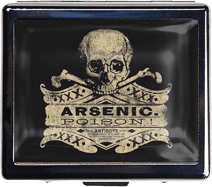 7 Days Chromed Shiny Silver Pill Organizer with Mirror Inside Has 8 Separate Compartments Rectangle 7 Days Pill Box Pill Case (Vintage Arsenic Skull Poison)