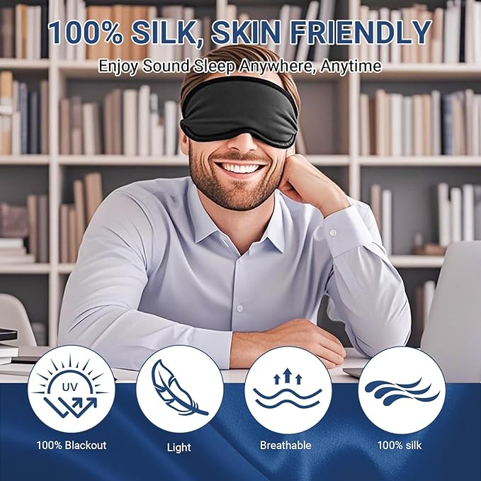 2 Pack Sleep Mask 100% Pure Mulberry Silk Eye Masks with Adjustable Strap for Sleeping Mulberry Silk Eye Sleep Shade Cover Block Light Reduces Puffy Eyes Traveling Gifts