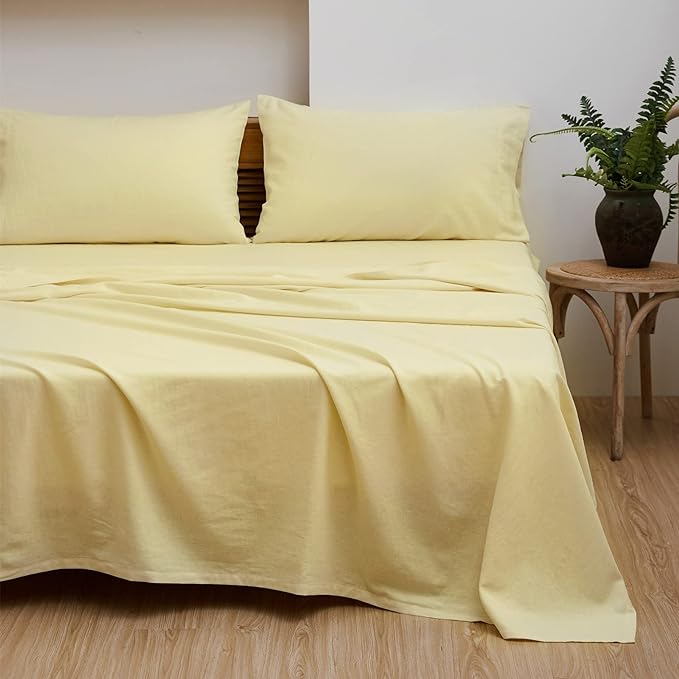 Simple&Opulence Belgian Linen Sheet Set Solid Color - 3 Pieces (1 Flat Sheet, 1 Fitted Sheet & 1 Pillowcase) Natural Flax Cotton Blend Soft Breathable Farmhouse Bedding - Twin Size, Pale Yellow