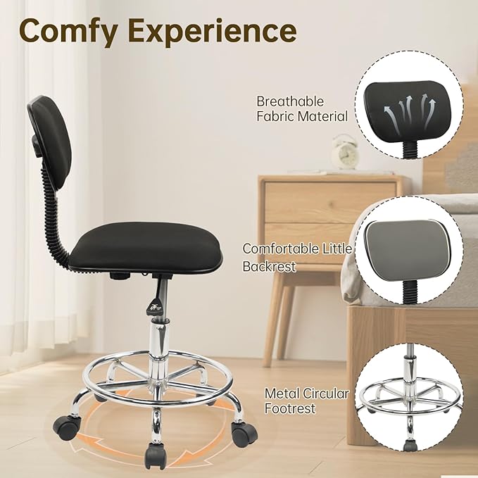 Low Wide Rolling Swivel Stool with Backrest, Adjustable Height Salon Chair Stools with Footrest for Spa Tattoo Office Desk Massage Task Lash Barber Facial, Black 2PK
