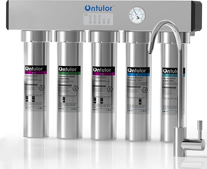 Ontulor S2OP-U1 Ultra Filtration Under Sink Water Filter System - 0.01 Micron Stainless Steel Tankless Filtration System w/Pressure Gauge & Filter Life Indicator, Reduces Chlorine, Taste and Odor
