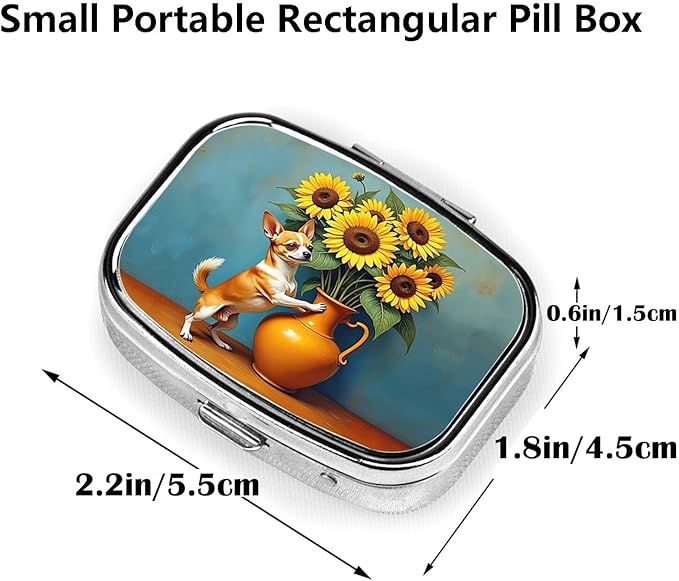 ABLESKY Pill Box, 2 Compartment Pill Organizer Case for Pocket or Purse, Small Portable Metal Travel Medicine Box with Mirror, Daily Vitamins Fish Oil Container-Chihuahua Dog Sunflowers