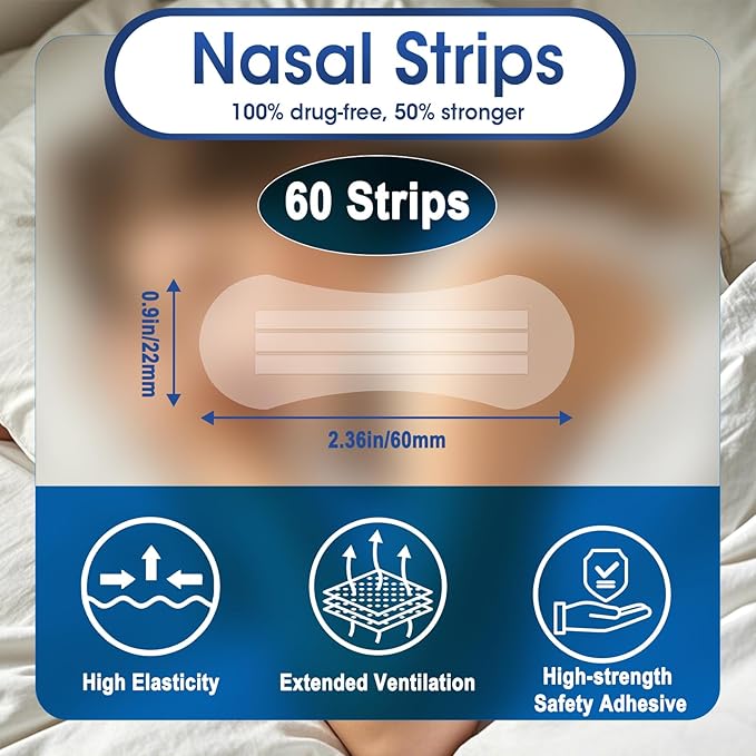 Nasal Strips for Snoring - Extra Strength Nose Strips for Breathing (60 ct), Clear Nose Tape for Sleeping and Sports, Nasal Congestion Relief, Oil & Sweat Proof