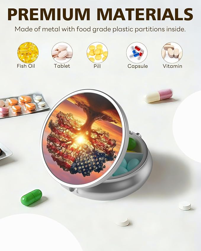 LRITER Pill Case, Portable Travel Pill Box, Pillbox Organizer, Cute Small Medicine Storage Container, Purse Accessories for Women, Men (American Tree)