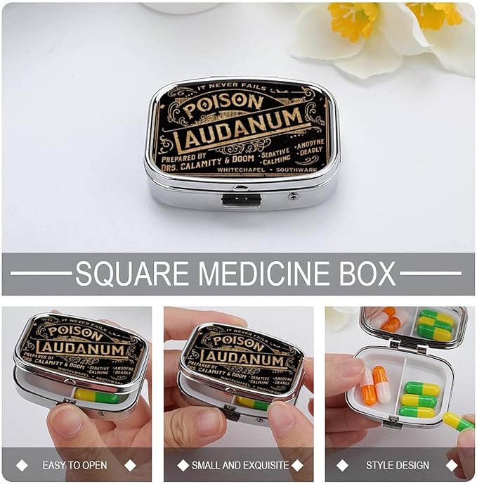 Metal 2 Compartment Pill Organizer Travel Friendly Portable Compact Pill Box Cute Pill Case to Hold Vitamins/Fish Oil/Supplements/Meds/Tablet for Purse/Pocket (Poison Laudanum)