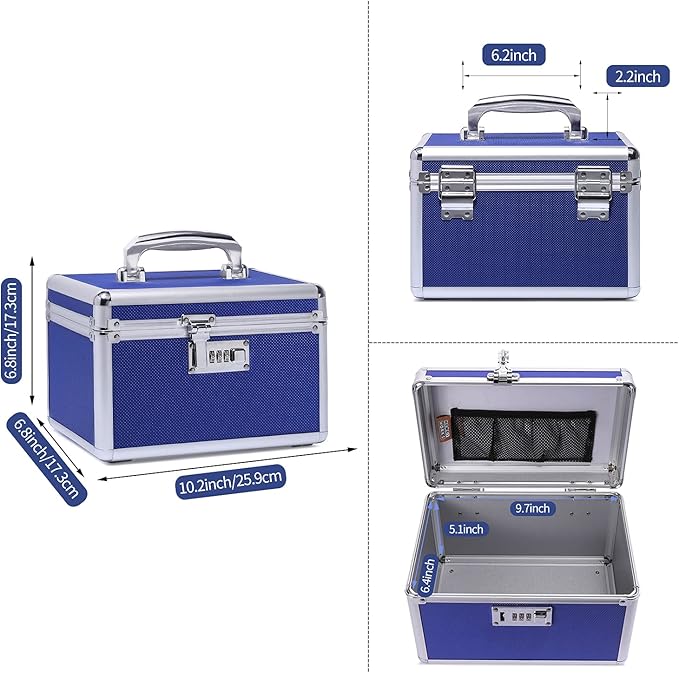 Combination Locking Medication Box with Portable Storage Case, 10.2''x 6.8''x 6.8'', Childproof Medicine Lock Organizer, Lockable Box for Documents & Valuables (Blue/Small)