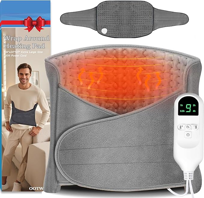 Extra Large Heating Pad for Period Cramps/Back Pain Relief,16 * 24" Heat Pad+27" Belt Wearable（51" in Total 4 Timer(0.5H/1H/2H/4H) 9 Heat 10ft Long Cord Electric Wrap Around Heating Pad(Gray)