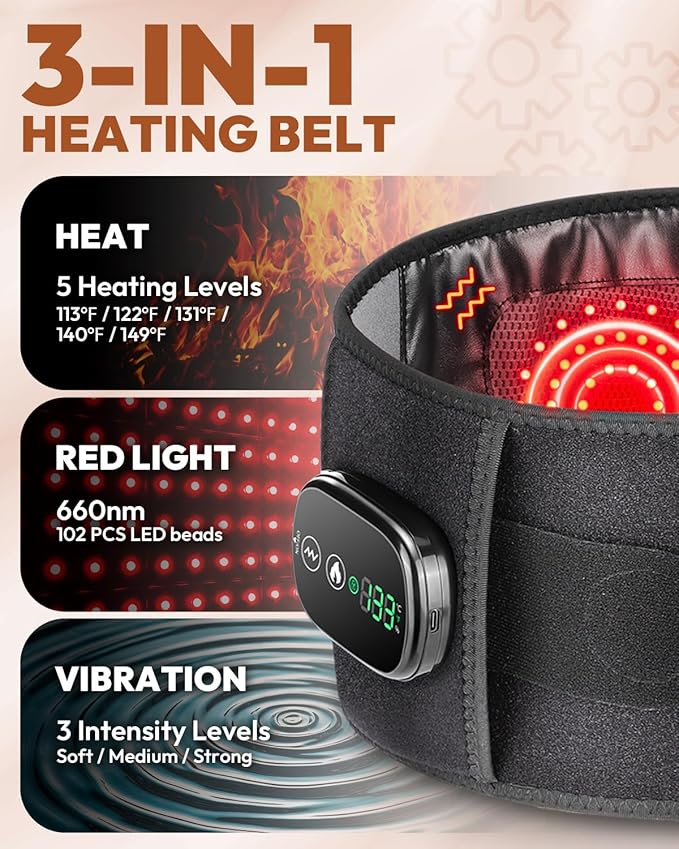 Red Light Therapy Belt for Body, Cordless Infrared Light Therapy Belt with Heating Vibration Massage, Portable Lower Back Massager for Back Shoulder Waist Red Light Therapy Wrap (Black)