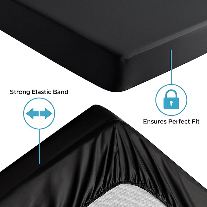 Extreme Queen Waterproof Fitted Sheet, 14'' Deep Pocket, 100% Black Mattress Protector, Safe with Oil, Water-Based, & Silicone-Based Massage Products, Machine Washable, Noiseless, Hypoallergenic