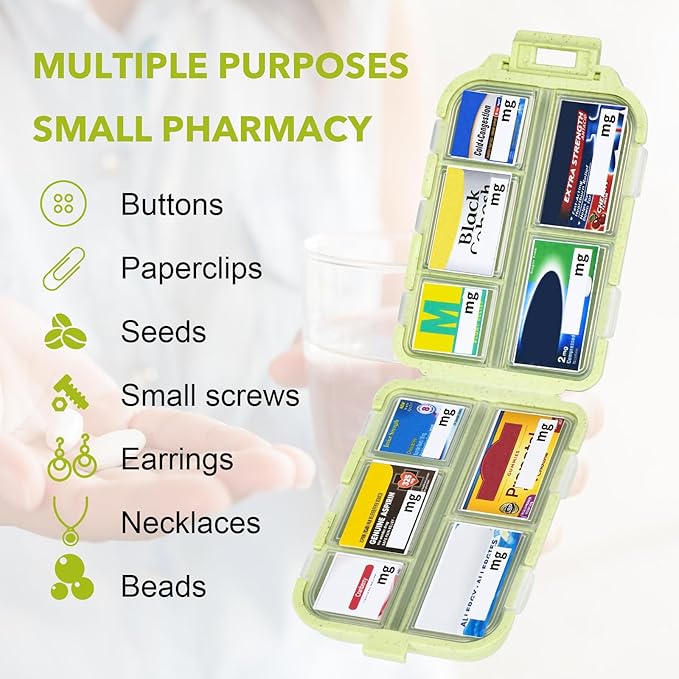 Travel Pill Organizer with Medicine Labels, 10 Compartments Travel Medicine Organizer Daily Small Pill Container Travel Pill Box Purse Pill Case (Yellow, 189 Lables)