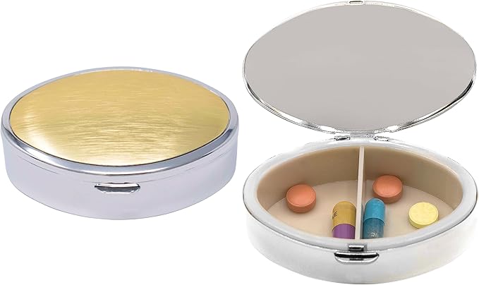 Set of 2 Oval-Shaped Pocket Purse Pill Box & Organizer with Dual Compartments (Gold on Silver)