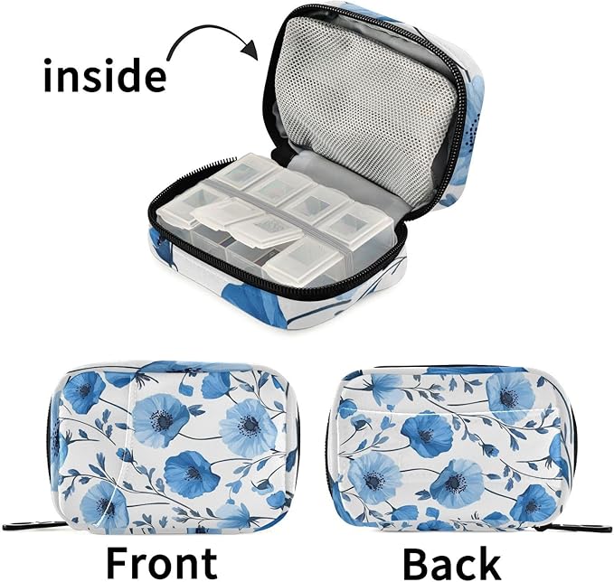 Pill Organizer Box Case Weekly Travel Pill Container Holder 7Day Cute Vitamin Organizer Dispenser Sorter Planner Storage Small Compact Blue Poppy Flowers and Branches03