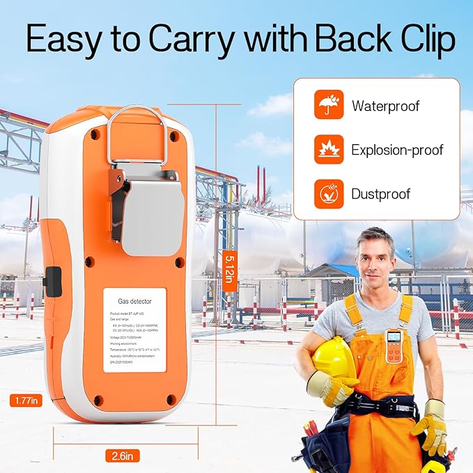 Gas Detector, 4-in-1 Monitor for H2S, CO, LEL, and O2 with Vibration, Visual, and Audible Alarms, 14-Hour Battery Life, Safety-Rated Explosion-Proof, for Work and Home - Orange