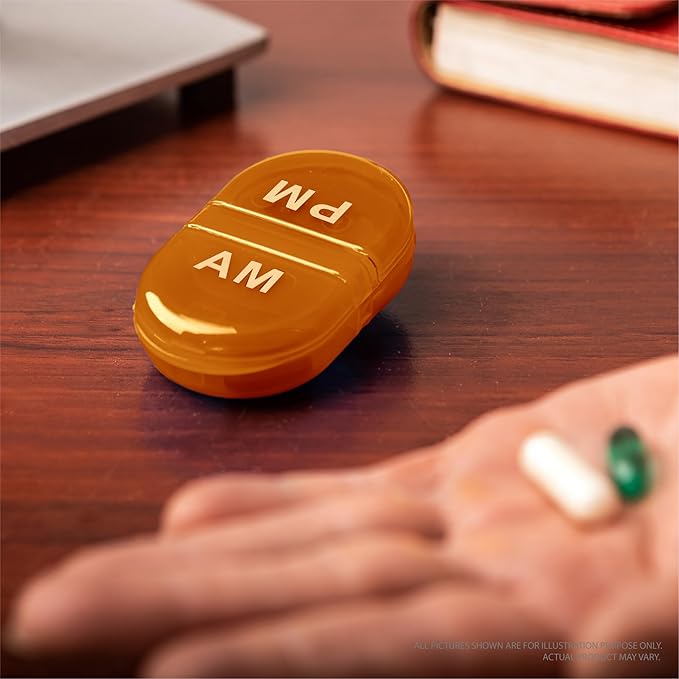 Deke Home - Pill Organizer AM PM, 2 Compartment Pill Box for Pocket or Purse, Small Daily Medicine Case, Travel Pill Holder, Easy Open Pill Container for Seniors, Vitamins & Supplements (Orang)