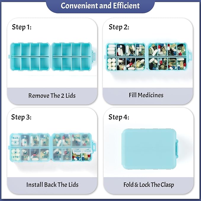 Foldable Weekly Pill Organizer 2 Times a Day with 2 Extra Compartments - Etched Labels - Portable 7 Day AM PM Medicine Box, Week Daily Travel Pill Case Holder for Vitamin, Supplement -Sky Blue