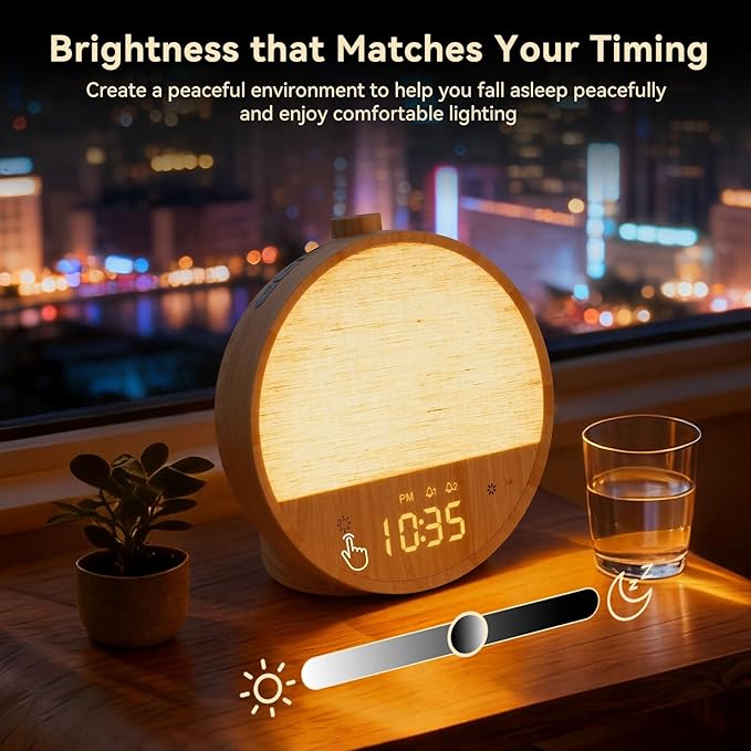 Vivilumens Wood Grain Sunrise Alarm Clock, Gentle Wake-Up Light Sound Machine, Dual Alarms for Heavy Sleepers, Natural Sounds, RGB Mood Light, Dimmable Bedside Night Lamp, Ideal for Bedroom & Gifts