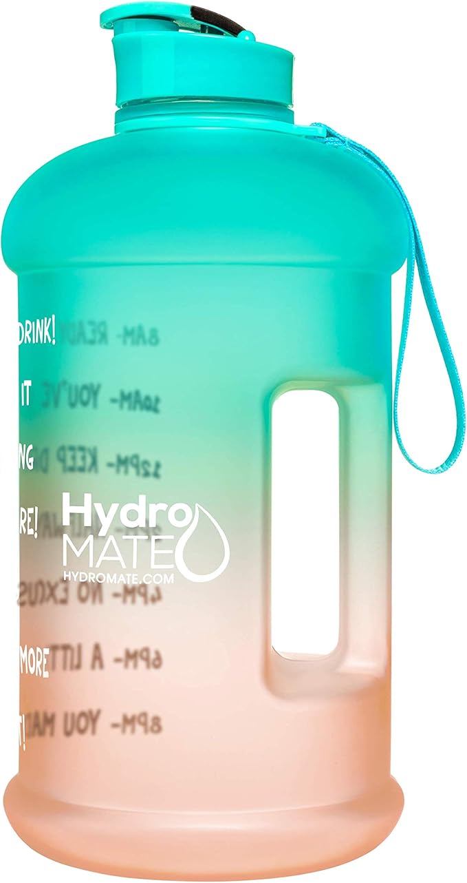 NatureWorks HydroMATE Half Gallon Water Bottle with Times to Drink BPA Free Leak Proof Reusable Jug with Handle 64 oz