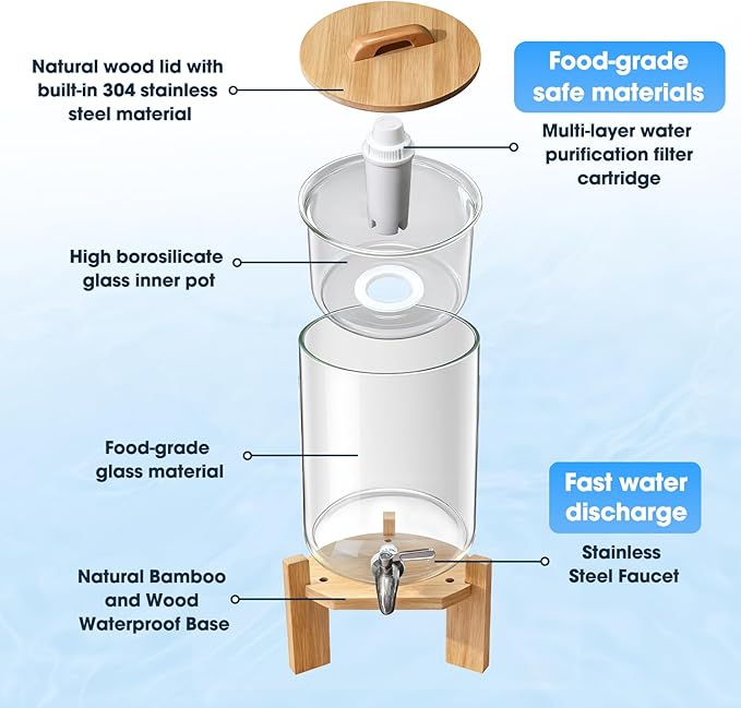 water filter dispenser Countertop water purifier System 2.1 Gallon Glass water filter with Wooden Stand and 1 Filters for Home and Office