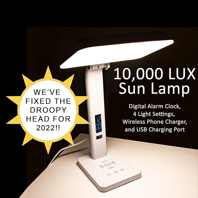 TheraLite Aura Qi Light Therapy Sun Lamp, UV Free, 10,000 LUX Light Therapy Lamp, Includes Alarm Clock, Phone Charger, USB Port, White Light