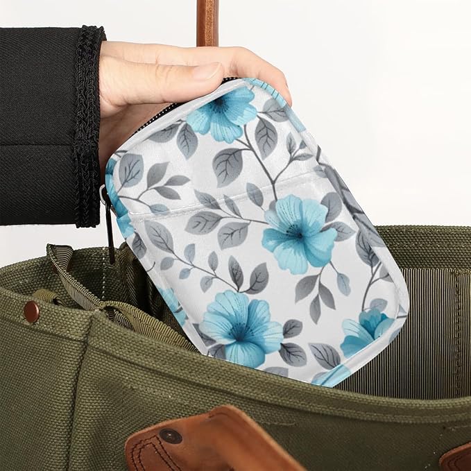 Portable Pills Organizer for Purse, Pill Cases Organizers 7 Day Medicine Travel Case, Personal Week Pill Organizer Cute Zipper Medication Bag Containers for Vitamin, Supplement (Blue Floral)