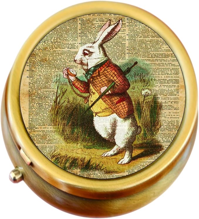 Vintage White Rabbit Alice in Wonderland Brass Pill Box