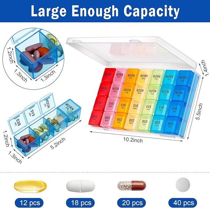 Dandat 3 Pack 10.2 inch Weekly Pill Organizer 4 Times a Day Pill Organizer 4 Times a Day Large Medicine Box Travel Daily Cases Holder 28 Days Dispenser for Hold Medicine Vitamins/Fish Oils