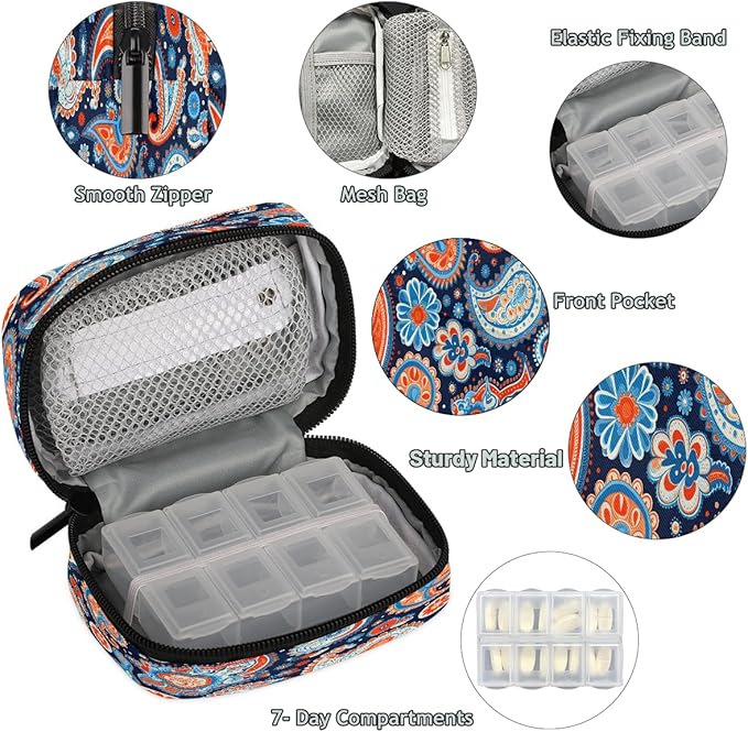 Color Psychedelic Paisley Travel Pill Organizer Box Weekly Portable Pill Case Daily Pills 7 Day Small Birth Control Pills Container Removable Compartments for Medicine Vitamins Fish Oil