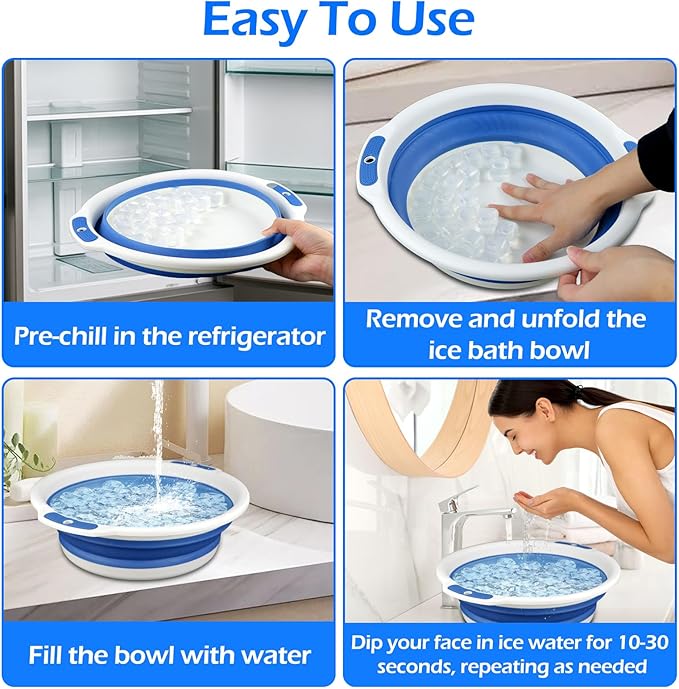 Facial Ice Bath Kit - Foldable Ice Bowl with Reusable Cubes for Cold Plunge (Blue)