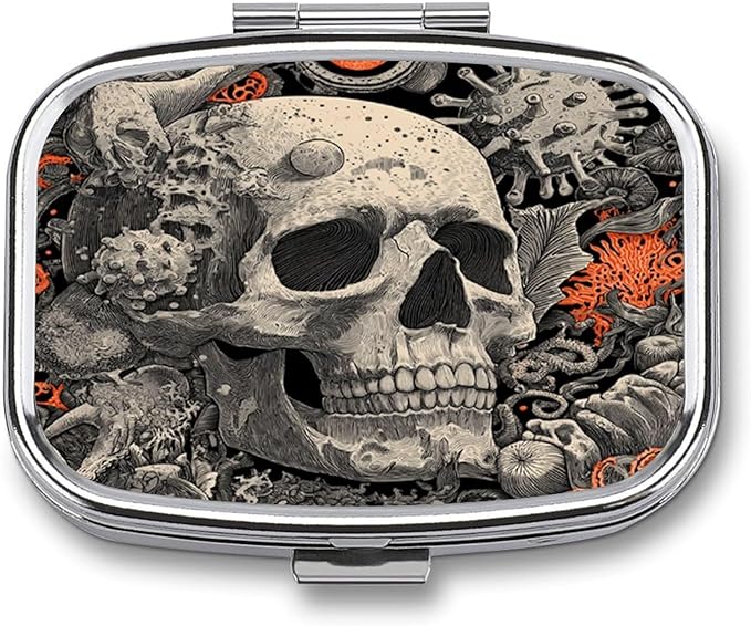 Metal Pill Organizer – 2-Compartment Pocket Pill Box for Vitamins, Supplements, Medications – Compact Travel Case (Mushroom Infestation Skull)