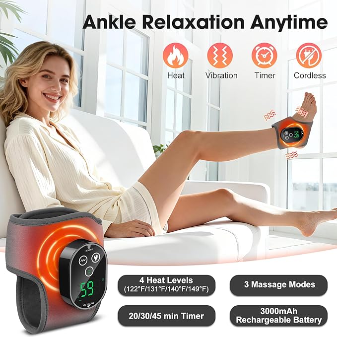 Cordless Ankle Massager for Pain Relief, Ankle Relief Heating Pad, Heated Ankle Massager, Foot Heating Pad, Heated Foot Massager, 4 Heat & 3 Massage Modes, Single One, Grey