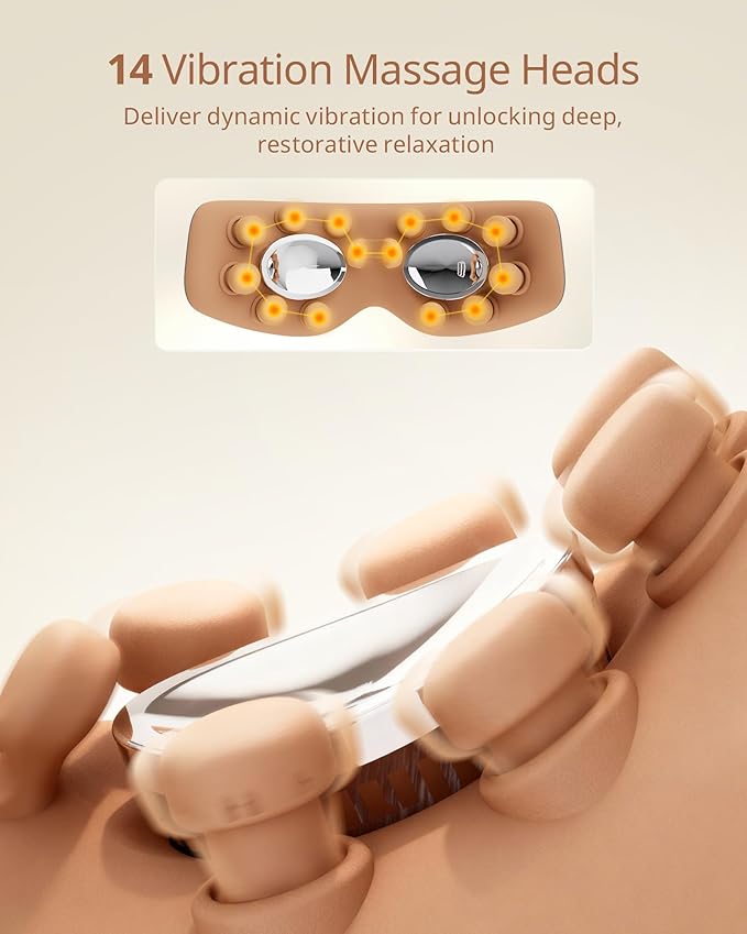 Eye Massager with 2 Level Heat & Cool, 150 Mins Uses, 3 Modes & 14 Vibration Heads, Heated Eye Mask with Bluetooth Music for Migraine, Eye Strain Puffiness and Dry Eye Relief, Eyes Care for Women Men