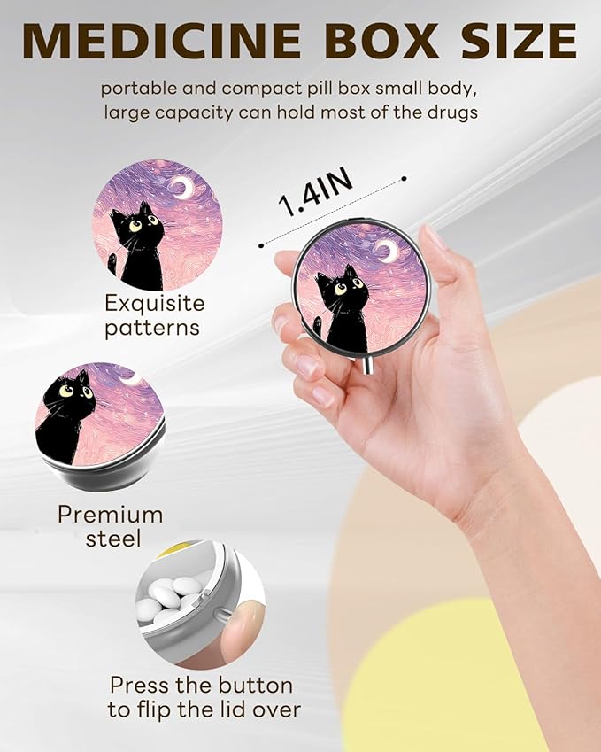 LRITER Pill Case, Portable Travel Pill Box, Pillbox Organizer, Cute Small Medicine Storage Container, Purse Accessories for Women, Men (Pink Starry Sky Cat)
