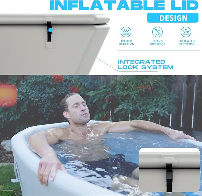 Inflatable Ice Bath Tub for Athletes - Slanted-Edge Cold Plunge Tub Compatible Water Chiller, Insulated Lid, EVA Groundsheet, Backpack, 155 Gallon, 61" L x 31.5" W x 24.8" H