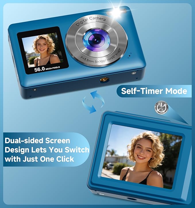 Digital Camera, 56MP Dual Screen Autofocus Vlogging Camera, 16X Zoom Point and Shoot Camera for Photography, Anti-Shake, 32GB Card, Compact Camera for Teens Adults,Blue