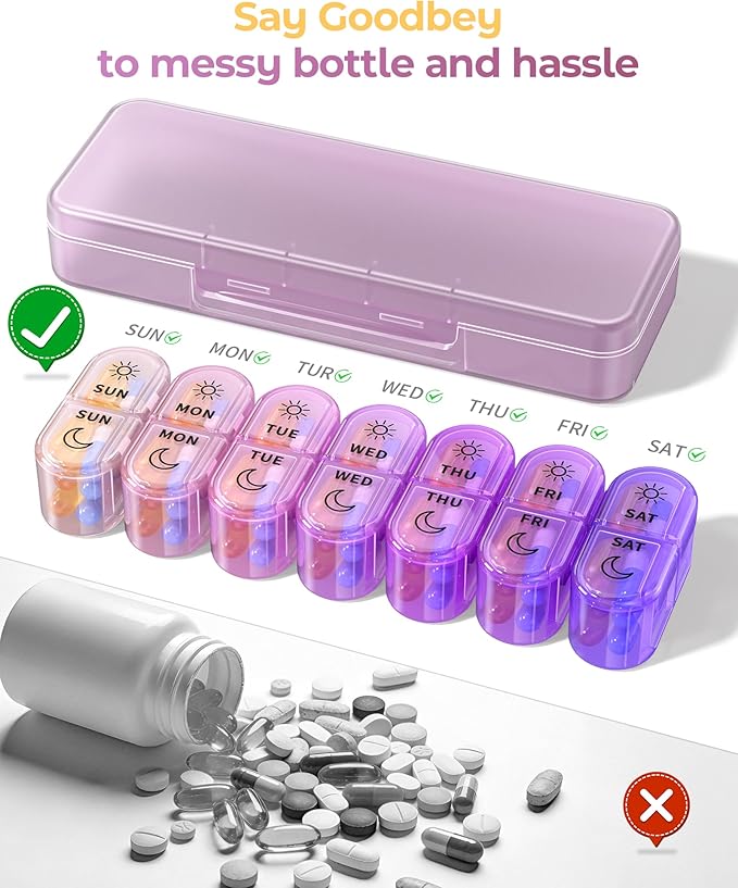 Weekly Pill Organizer 7 Day AM PM - Travel Pill Box 2 Times a Day with One-Hand Easy-Open Lid, 14 Compartments Portable Medicine Case for Daily Vitamins, Fish Oil, Pills and Supplements