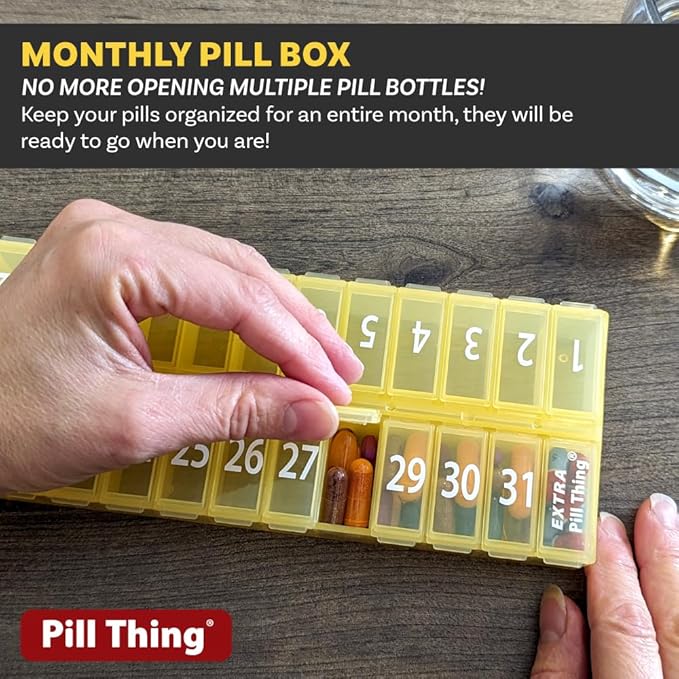 Once-a Day Monthly Pill Organizer Removable Lid for Easy Loading - Large Compartment Pill Box Medications for Entire Month Plus a Compartment for Extra Pills BPA Free